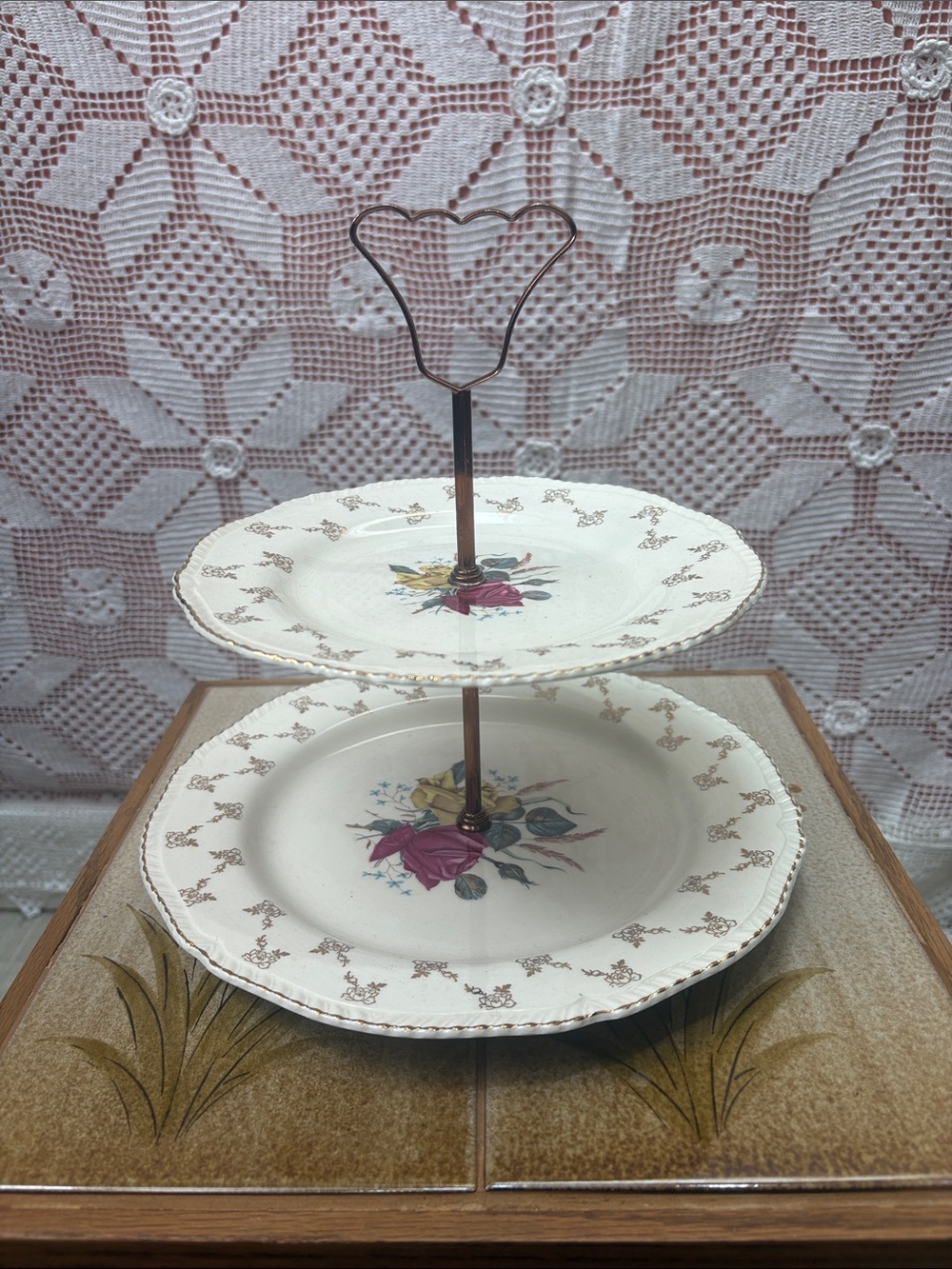 Vintage Wood & Sons Two-Tier Floral Tidbit Stand